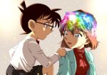  1boy 1girl bangs black_shorts blue_eyes blue_jacket bow bowtie brown_hair child edogawa_conan glasses haibara_ai hair_between_eyes hand_on_another&#039;s_shoulder jacket long_sleeves meitantei_conan open_clothes open_jacket red_bow red_neckwear red_sweater shirt short_hair shorts sooma4869 sweater white_shirt 