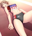  1girl bob_cut brown_hair buruma closed_eyes highres kuri_(kurigohan) lying mizuno open_mouth original panties panties_under_buruma panty_peek short_hair sports_bikini sports_bra sweat track_and_field track_uniform underwear 