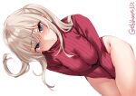  1girl alternate_costume ass bare_legs blonde_hair blush breasts cowboy_shot ebifurya eyebrows_visible_through_hair graf_zeppelin_(kantai_collection) groin hair_between_eyes kantai_collection large_breasts leotard long_hair long_sleeves looking_at_viewer parted_lips red_leotard ribbed_leotard sidelocks simple_background solo twintails twitter_username violet_eyes white_background 