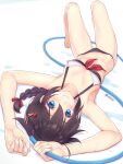  ahoge bikini black_bikini black_hair blue_eyes braid dan_(kumadan) front-tie_top hair_flaps hair_ornament highres kantai_collection lying navel on_back remodel_(kantai_collection) sailor_collar shigure_(kantai_collection) stomach stomach_day swimsuit 