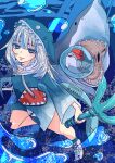  1girl artist_name bloop_(gawr_gura) blue_eyes blue_theme gawr_gura holding holding_weapon hololive hololive_english looking_at_viewer minxei open_mouth polearm shark smile trident underwater virtual_youtuber watermark weapon white_hair 