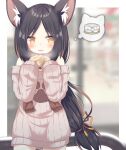  1girl :d animal_ear_fluff animal_ears bangs bare_shoulders black_hair blurry blurry_background blush breath brown_eyes brown_hair brown_mittens brown_scarf commentary_request daidai_ookami depth_of_field eyebrows_visible_through_hair fangs grey_sweater long_hair long_sleeves mittens multicolored_hair off-shoulder_sweater off_shoulder open_mouth original parted_bangs railing ribbed_sweater scarf sleeves_past_wrists smile solo spoken_food sweater thought_bubble two-tone_hair very_long_hair 