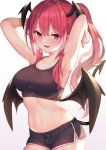  1girl :d armpits arms_up bangs bare_arms bare_shoulders black_shorts blush breasts breath collarbone commentary_request cowboy_shot crop_top demon_tail demon_wings dolphin_shorts eyebrows_visible_through_hair fang gradient gradient_background grey_background groin hair_between_eyes head_wings highres koakuma large_breasts looking_at_viewer midriff navel open_mouth pointy_ears short_shorts shorts smile solo sports_bra standing stomach tail touhou white_background wings wowoguni 