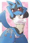  1girl @_@ acky animal_ears armpits arms_behind_head blue_fur blush cat_ear_panties cat_lingerie commentary_request cowboy_shot furry gen_4_pokemon highres lucario meme_attire navel panties pokemon red_eyes solo standing sweat sweating_profusely tail underwear white_panties wide_hips 