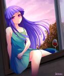  1girl arm_behind_back artist_name bangs blue_dress blue_hair blunt_bangs clouds collarbone commentary_request cup dress drinking_glass dutch_angle expressionless furude_rika hand_on_own_leg higurashi_no_naku_koro_ni long_hair looking_at_viewer open_window purple_sky sitting skirt_hold solo sundress torinosuke tree twilight very_long_hair violet_eyes window windowsill wine_glass 