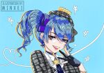  1girl artist_name black_gloves blue_eyes blue_hair gloves hololive hoshimachi_suisei minxei side_ponytail smirk solo virtual_youtuber watermark 