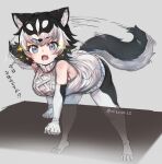  1girl :3 animal_ears bare_shoulders bent_over black_gloves black_hair black_legwear blue_eyes blush dog_ears dog_girl dog_tail elbow_gloves eyebrows_visible_through_hair fang gloves kemono_friends looking_at_viewer multicolored_hair nyifu open_mouth original pantyhose short_hair sleeveless solo sparkle sweater sweater_vest tail tail_wagging translation_request two-tone_gloves two-tone_hair two-tone_legwear white_gloves white_hair white_legwear white_sweater 