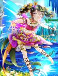  1girl barefoot black_hair black_ribbon blush butterfly_hair_ornament butterfly_wings collarbone crown dress feet_out_of_frame floating_hair flower grin hair_ornament highres layered_dress long_hair looking_at_viewer love_live! love_live!_school_idol_project mini_crown niro_(sikabanekurui) off-shoulder_dress off_shoulder one_eye_closed outstretched_arms outstretched_hand pink_eyes ribbon shiny shiny_hair short_dress smile solo wings yazawa_nico yellow_flower 