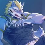  1boy bara bare_shoulders blonde_hair blue_eyes blue_fur blue_tank_top blush chest fenrir_(tokyo_houkago_summoners) fingernails furry hozunomi_(user_jxa4157) male_focus midriff_peek mohawk muscle sharp_fingernails shibari short_hair solo tank_top tokyo_houkago_summoners two-tone_fur upper_body white_fur wolf_boy 