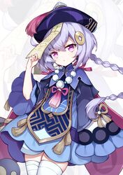  1girl :o absurdres arm_up bandages bangs beads braid cowboy_shot dress genshin_impact hair_ornament hat highres holding jewelry jiangshi long_hair long_sleeves looking_at_viewer necklace ofuda poinia purple_hair purple_headwear qing_guanmao qiqi simple_background solo thigh-highs violet_eyes white_background white_legwear wide_sleeves zoom_layer 