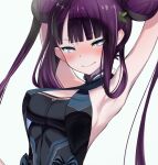  1girl armpits arms_up bangs black_dress blue_eyes blunt_bangs blush breasts china_dress chinese_clothes cleavage_cutout closed_mouth clothing_cutout cluseller collarbone commentary_request cropped double_bun dress eyebrows_visible_through_hair fate/grand_order fate_(series) fur_collar grey_background hair_ornament hair_rings half-closed_eyes happy long_hair looking_at_viewer medium_breasts nose_blush purple_hair shiny shiny_hair sideboob simple_background sitting sleeveless sleeveless_dress smile solo tied_hair twintails upper_body yang_guifei_(fate/grand_order) 