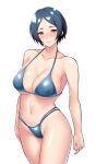  bikini black_hair blush breasts hayami_kanade idolmaster idolmaster_cinderella_girls large_breasts looking_at_viewer midriff navel riking short_hair string_bikini swimsuit yellow_eyes 