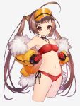  1girl azur_lane bangs bikini black_choker brown_hair choker closed_mouth commentary flat_chest fur-trimmed_jacket fur_trim gloves halter_top halterneck highres jacket long_hair looking_at_viewer navel off_shoulder ping_hai_(azur_lane) ping_hai_(merry_summer)_(azur_lane) red_bikini red_eyes red_gloves side-tie_bikini sidelocks simple_background solo standing stomach swimsuit twintails very_long_hair visor_cap white_background yellow_jacket zumi_tiri 