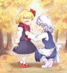  2girls ankle_boots apron arm_up autumn autumn_leaves black_skirt black_vest blonde_hair blue_eyes blue_hair blue_skirt blue_vest blurry blurry_background blush boots calcmis_gowa closed_eyes commentary_request day eyebrows_visible_through_hair forest from_side hair_ribbon hat highres letty_whiterock long_sleeves looking_at_another mary_janes mob_cap multiple_girls nature outdoors petticoat purple_footwear red_footwear red_scarf ribbon rumia scarf shirt shoes short_hair sideways_mouth skirt smile squatting standing touhou tree vest waist_apron white_headwear white_legwear white_shirt 