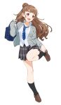  absurdres bag bangs braid braided_bun brown_hair eyebrows hair_bun highres hood hoodie idolmaster idolmaster_cinderella_girls kamiya_nao kneehighs long_hair miniskirt necktie nyum plaid plaid_skirt school_bag school_uniform shirt skirt thighs white_shirt 