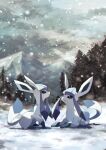  absurdres blue_eyes closed_mouth glaceon highres looking_up lying mountain no_humans outdoors pokemon pokemon_(creature) ribero sitting snow snowing tree 