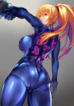  1girl arm_at_side ass blonde_hair blue_bodysuit blue_eyes bodysuit breasts commentary_request eyebrows_visible_through_hair from_behind gradient gradient_background grey_background hair_between_eyes large_breasts long_hair looking_at_viewer metroid mole mole_under_mouth negresco outstretched_arm ponytail samus_aran solo 