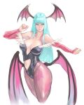  1girl a_ichiro animal_print aqua_eyes aqua_hair bangs bare_shoulders bat_print bat_wings black_leotard blunt_bangs breasts breasts_apart bridal_gauntlets clothing_cutout covered_nipples demon_girl elbow_gloves gloves hand_up head_wings large_breasts leotard long_hair low_wings morrigan_aensland navel navel_cutout pantyhose pink_gloves print_legwear purple_legwear simple_background solo succubus vampire_(game) white_background wings 