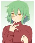  1girl :i breasts expressionless eyebrows glasses green_hair highres hikage_(senran_kagura) ichiryuu_tsumiki large_breasts medium_hair red-framed_eyewear red_sweater ribbed_sweater senran_kagura sweater upper_body yellow_eyes 