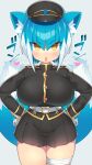  1girl animal_ears asagi_(bombergirl) black_headwear black_skirt blue_hair bombergirl breasts brown_eyes eyebrows_visible_through_hair fox_ears fox_girl fox_tail hands_on_hips hat heart highres large_breasts long_sleeves looking_at_viewer msp_sammy multicolored_hair open_mouth pleated_skirt short_hair skirt solo tail tail_wagging two-tone_hair white_hair 
