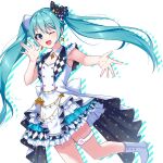  1girl :d absurdres aqua_hair arm_up armpit_peek bangs blue_eyes boots bow buttons chain checkered dress earrings eyebrows_visible_through_hair frilled_dress frills gold_chain hair_between_eyes hair_ornament hatsune_miku highres jewelry long_hair one_eye_closed open_mouth outstretched_arm outstretched_hand pochimaru_(marumaru_wanwan) project_sekai sidelocks simple_background smile solo standing standing_on_one_leg thigh_strap twintails very_long_hair vocaloid white_background white_bow white_dress white_footwear 