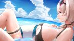  1girl absurdres aokuma_(yuuran_create) azur_lane bangs bare_shoulders black_swimsuit blue_sky breasts eyebrows_visible_through_hair eyewear_on_head highres huge_filesize incredibly_absurdres large_breasts looking_at_viewer lying medium_hair ocean on_back profile red_eyes silver_hair sirius_(azur_lane) sirius_(midsummer_seirios)_(azur_lane) sky smile solo swimsuit thigh_strap water 