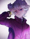  1boy bangs bede_(pokemon) closed_mouth coat commentary_request curly_hair eyelashes grey_background grey_hair half-closed_eyes hand_up head_tilt janis_(hainegom) looking_at_viewer male_focus pokemon pokemon_(game) pokemon_swsh purple_coat smile solo upper_body violet_eyes watch watch 