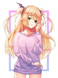  1girl blonde_hair collarbone cowboy_shot doroshi dress eyepatch fischl_(genshin_impact) genshin_impact green_eyes hair_ornament hair_over_one_eye hair_twirling hand_up highres index_finger_raised long_hair long_sleeves looking_at_viewer purple_sweater solo sweater sweater_dress two_side_up 