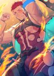  1boy abs arm_up bara bare_chest blue_eyes blush bodysuit bulge chest chest_harness covered_abs covered_navel embers fire harness hozunomi_(user_jxa4157) labcoat live_a_hero looking_at_viewer male_focus muscle nipples rakta_(live_a_hero) redhead short_hair solo thick_thighs thighs torn_bodysuit torn_clothes 