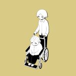  1boy 1girl avogado6 long_sleeves mother_and_son old_woman original pants shirt simple_background slippers smile wheelchair yellow_background 
