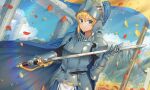 1girl absurdres armor bangs blonde_hair blue_cape blue_eyes breastplate cape closed_mouth commentary_request eyebrows_behind_hair gauntlets goback hair_between_eyes helmet highres holding holding_sword holding_weapon huge_filesize mountain original pauldrons petals pillar plume saber_(weapon) shoulder_armor sidelocks solo sword weapon 