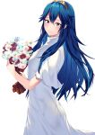  1girl ameno_(a_meno0) bare_arms blue_eyes blue_hair blush bouquet cute dress fire_emblem fire_emblem:_kakusei fire_emblem_13 fire_emblem_awakening flower highres intelligent_systems long_hair looking_at_viewer lucina lucina_(fire_emblem) nintendo simple_background smile solo symbol-shaped_pupils tiara white_background white_dress 