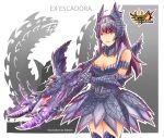  1girl alatreon_(armor) armor armored_boots armored_dress bare_shoulders boots bowgun breasts cleavage_cutout clothing_cutout collar collarbone edwin_(cyberdark_impacts) eyebrows_visible_through_hair gauntlets headdress highres long_hair medium_breasts monster_hunter monster_hunter_4_g pout purple_hair sidelocks solo thigh-highs violet_eyes weapon zettai_ryouiki 