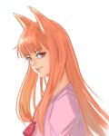  1girl a_ichiro animal_ears bangs eyebrows_visible_through_hair holo long_hair looking_at_viewer open_mouth orange_hair pink_shirt red_eyes shirt simple_background smile solo spice_and_wolf upper_body white_background wolf_ears wolf_girl 