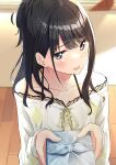  1girl absurdres bangs black_hair collarbone commentary_request eyebrows_visible_through_hair gift grey_eyes highres idolmaster idolmaster_shiny_colors kazano_hiori megurumiru mole mole_under_eye open_mouth ponytail 