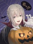  1boy bangs bat black_cloak braid character_request claw_pose cloak fangs fate/grand_order fate_(series) gloves hair_between_eyes halloween highres jack-o&#039;-lantern long_hair male_focus noraillust pumpkin purple_background sidelocks signature silk silver_hair solo speech_bubble spider_web starry_background upper_body white_gloves 