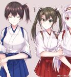  3girls ? arm_hug black_hair blue_hakama breasts commentary_request dark_green_hair facing_viewer green_eyes grey_background hairband hakama hakama_skirt japanese_clothes kabocha_torute kaga_(kantai_collection) kantai_collection large_breasts long_hair looking_at_viewer multiple_girls red_hakama shoukaku_(kantai_collection) side_ponytail simple_background tasuki twintails white_hair zuikaku_(kantai_collection) 