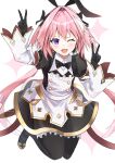 1boy absurdres astolfo_(fate) astolfo_(saber)_(fate) bangs black_bow black_dress black_gloves black_legwear black_neckwear black_ribbon blush bow bowtie buttons double_v dress esu_3101 fang fate/grand_order fate_(series) gloves hair_between_eyes hair_bow hair_intakes hair_ribbon heart highres juliet_sleeves jumping layered_skirt long_hair long_sleeves looking_at_viewer low_twintails multicolored_hair one_eye_closed open_mouth pink_hair puffy_sleeves ribbon skirt smile streaked_hair thighs twintails v violet_eyes white_hair white_skirt wide_sleeves wing_collar 