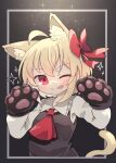  1girl ;p animal_ear_fluff animal_ears arms_up ascot bangs black_background black_vest blonde_hair blouse blush bow cat_ears cat_tail commentary_request dot_nose eyebrows_visible_through_hair gradient gradient_background hair_bow highres kibisake long_sleeves one_eye_closed paws red_eyes red_neckwear rumia short_hair simple_background solo sparkle tail tongue tongue_out touhou upper_body vest white_blouse wing_collar 