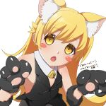  1girl absurdres animal_ears bare_shoulders bell bell_collar blonde_hair candy cat_ears cat_paws cat_tail collar drawdream1025 food highres long_hair looking_at_viewer monogatari_(series) navel open_mouth oshino_shinobu paws solo tail upper_body yellow_eyes 