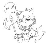  1girl ahoge angry animal_ears animal_nose axe breasts claws cowboy_shot furry holding holding_axe korean_text medium_breasts monochrome navel original potatobud simple_background solo standing tail translation_request 