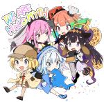  5girls animal_hood bangs black_hair blue_eyes blue_hair chibi gawr_gura halo highres hololive hololive_english holomyth hood long_hair mori_calliope multiple_girls ninomae_ina&#039;nis nomi_mushi open_mouth pink_eyes shark_hood takanashi_kiara virtual_youtuber watson_amelia 