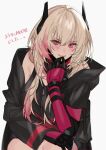  1girl aogisa black_jacket blonde_hair blush character_name eyebrows_visible_through_hair finger_to_mouth girls_frontline gloves hair_ornament highres jacket long_hair looking_at_viewer m4_sopmod_ii_(girls_frontline) mechanical_arms open_mouth red_eyes solo translation_request white_background 