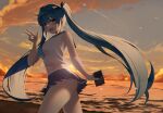  1girl :d backlighting bare_arms bare_shoulders beach blue_hair blue_skirt clouds cowboy_shot crop_top crop_top_overhang dungeon_and_fighter floating_hair hair_ribbon hand_up highres holding long_hair looking_at_viewer maemi_(maemi12) midriff miniskirt navel neckerchief ocean open_mouth outdoors pleated_skirt red_eyes ribbon sailor_collar school_uniform serafuku shirt side-tie_peek skirt sleeveless sleeveless_shirt smile solo sunlight sunset thighs twintails very_long_hair w water white_shirt 