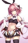  1boy astolfo_(fate) astolfo_(saber)_(fate) bare_shoulders belt black_bow black_legwear black_neckwear black_ribbon black_shirt black_skirt blush bow bowtie crop_top detached_sleeves fate/grand_order fate_(series) faulds hair_intakes hands_on_hips highres long_hair long_sleeves looking_at_viewer low_twintails male_focus midriff multicolored_hair navel otoko_no_ko pink_hair pleated_skirt ribbon shirt simple_background skirt smile streaked_hair taka-kun thigh-highs thighs twintails violet_eyes white_background white_hair wide_sleeves 