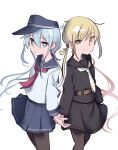  2girls anchor_symbol back-to-back black_legwear black_sailor_collar black_serafuku black_skirt blonde_hair blue_eyes cowboy_shot flat_cap hat hibiki_(kantai_collection) highres kantai_collection long_hair low_twintails multiple_girls necktie pantyhose pleated_skirt sailor_collar satsuki_(kantai_collection) school_uniform serafuku silver_hair simple_background skirt tetuw twintails white_background white_neckwear yellow_eyes 