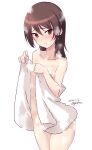  1girl artist_name blush breasts brown_eyes brown_hair collarbone dated eyebrows_visible_through_hair girls_und_panzer groin highres kawanishi_shinobu kuzuryuu_kennosuke looking_at_viewer naked_towel open_mouth shiny shiny_hair simple_background small_breasts smile solo standing steam towel wet white_background 