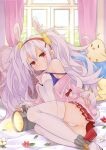  1girl animal_ears ass azur_lane bangs bed bed_sheet breasts closed_mouth commentary_request day expressionless fake_animal_ears floodlights flower hair_between_eyes highres indoors jacket jitome laffey_(azur_lane) legs_together light_purple_hair long_hair looking_at_viewer lying manjuu_(azur_lane) off_shoulder on_bed on_side panties pantyshot petals pillow pink_jacket pleated_skirt rabbit_ears red_eyes red_skirt saekiya_sabou sidelocks skirt small_breasts solo strap_slip stuffed_animal stuffed_toy sunlight thigh-highs twintails underwear very_long_hair white_legwear white_panties 
