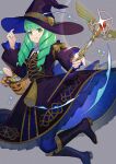  1girl basket boots candy fire_emblem fire_emblem:_three_houses fire_emblem_heroes flayn_(fire_emblem) food green_eyes green_hair halloween hat highres kyufe long_hair looking_at_viewer school_uniform shiny simple_background solo staff witch_hat 
