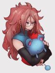  1girl android_21 black-framed_eyewear blue_eyes character_request checkered checkered_dress dragon_ball dragon_ball_fighterz dress earrings glasses grey_background hair_between_eyes holding holding_pokemon hoop_earrings jewelry kemachiku long_hair pokemon pokemon_(creature) redhead simple_background upper_body 
